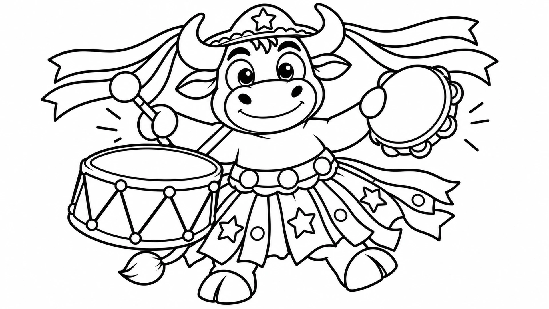 Desenho para colorir: Boi-bumbá com zabumba e pandeiro