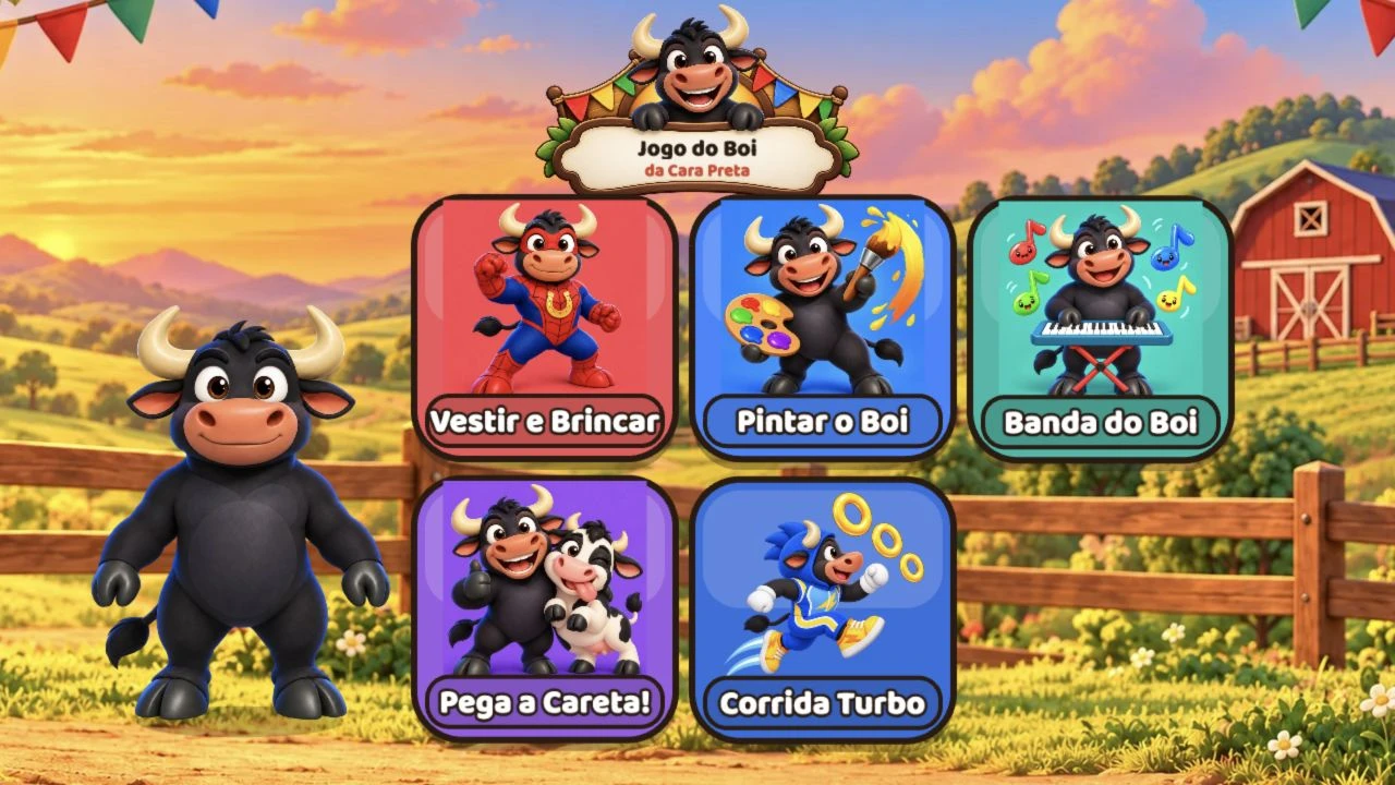Menu real do jogo: vestir, pintar, banda, careta e corrida